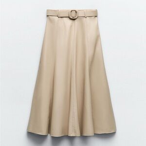 Zara Faux Leather Midi Skirt Sand